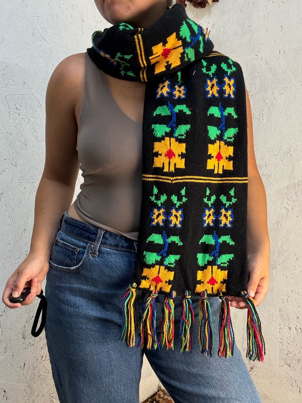 Vintage Block Fringe Thick Knit Floral Neon Scarf